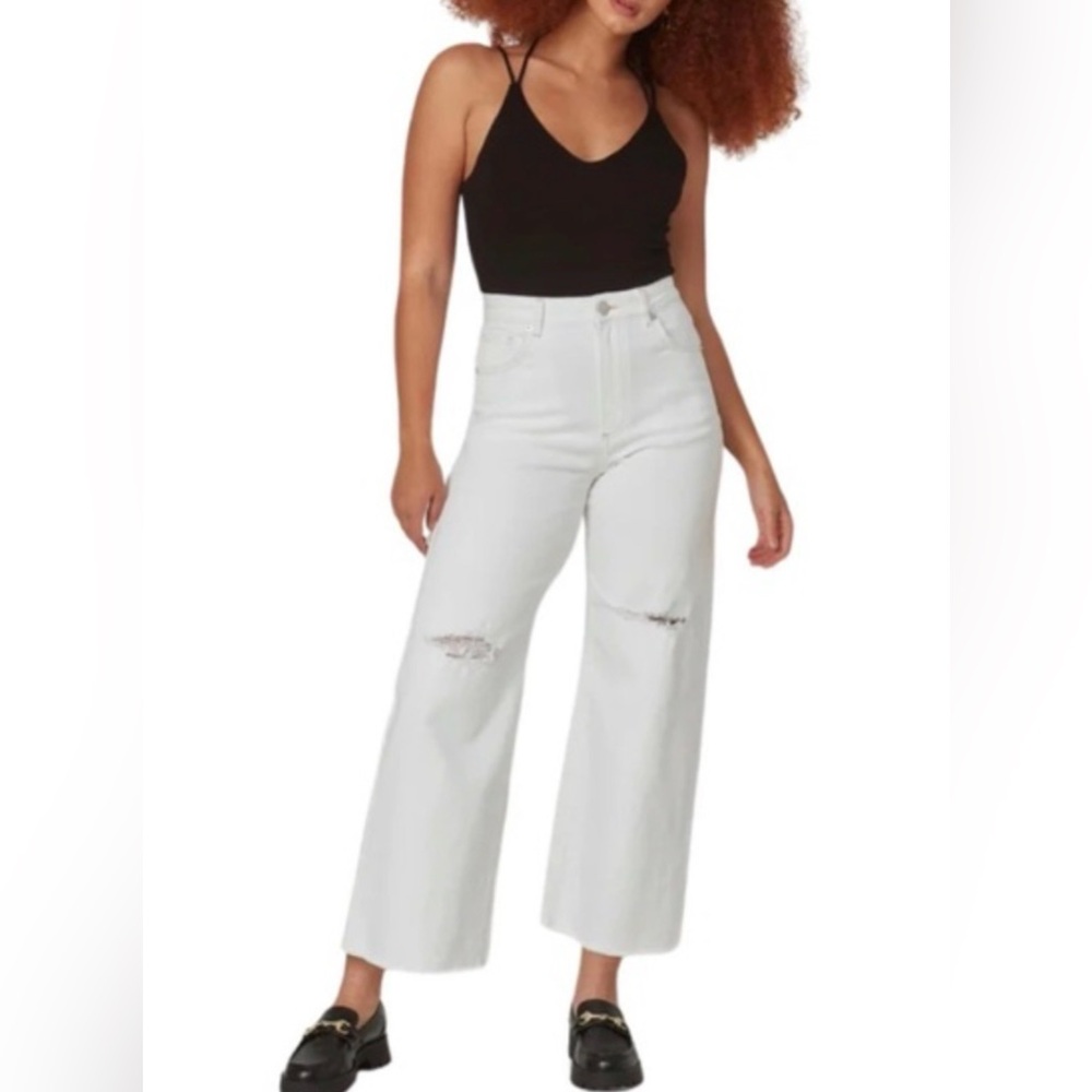 LOLA MILAN white ultra high rise Wide-Leg Women's Jeans distressed raw hem 29